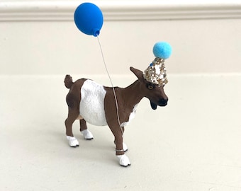 Goat Cake Topper with Party Hat & Balloon – Farm Birthday Decoration
