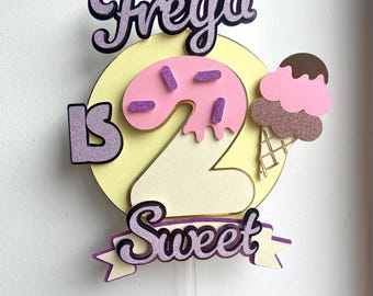 Personalized Ice Cream Cake Topper: Custom Name & Age, Glitter Birthday Decor