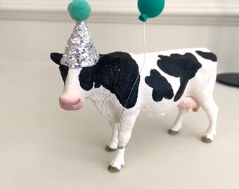 Cow Cake Topper – Custom Party Hat & Balloon | Farm Animal Birthday Decoration