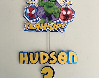 Superhero Cake Topper-Custom Name And Age, Hulk & Spidey Theme