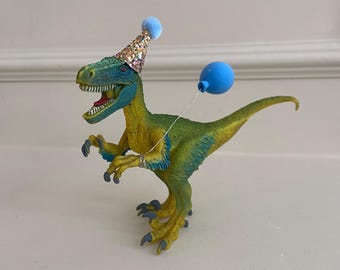 Dinosaur Cake Topper: Custom Party Dino with Balloon & Hat