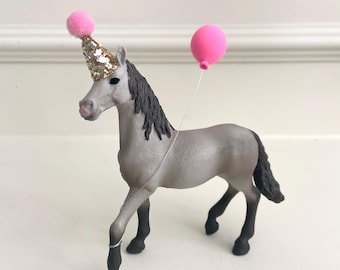 Horse Cake Topper with Glitter Party Hat & Balloon – Birthday Decoration