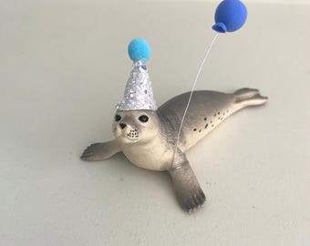 Seal Cake Topper - Custom Party Hat & Balloon and Ocean Animal Birthday Decoration