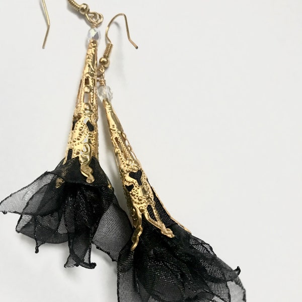 Black organza one of a kind Artisan earrings - designed and handmade in USA by Marianna Mills