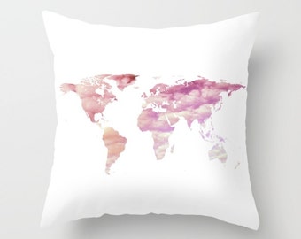 Cotton Candy Sky World Map Pillow, Dorm, Office Map Home Decor, Interior Design, Accent Piece, White Pink Pillow, Office Pillow Case, Cloudy