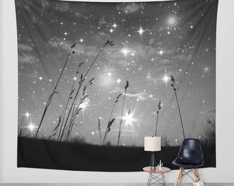 Only the stars and me Wall Tapestry, Black and White, office, Night Sky Home Decor Grass Beach Space Nature Tapestry Dorm Privacy Screen