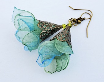 BACK!! - WHISPER of the Sea organza Artisan earrings, handmade unique delightful jewelry petals, blue green fiber art OOAK fashion
