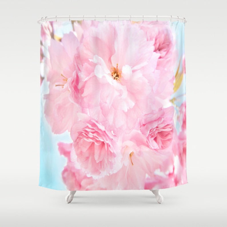 Pink Peony Shower Curtain Flower Bathroom Ocen Blue Sky Home Etsy