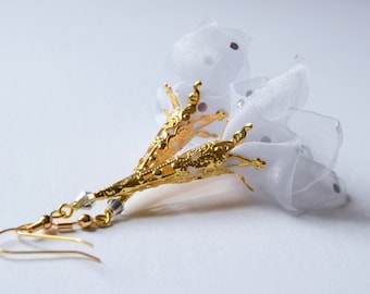 Gold White Petals . organza one of a kind artisan fiber art earrings