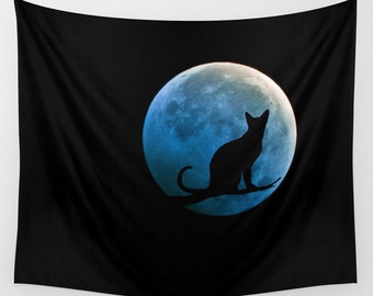 Cat and the Moon Wall Tapestry, Full Moon Tapestry, Blue Moon, Dorm, Office, Black, Noir Wall Art, Surreal, Home Interior, Teal BlueTapestry