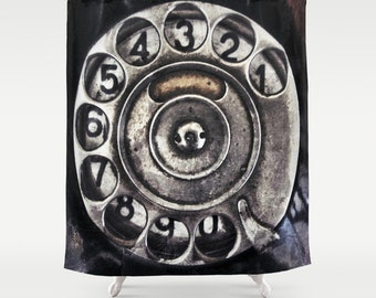 Call Me Shower Curtain, Bathroom, Vintage Home Decor, Old phone Dial Shower Curtain, Black, Steampunk, Noir, Numbers, Metal, Beach, Retro