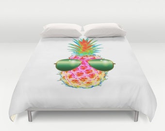 Electric Pineapple with Shades POP Art Duvet Cover, Neon Colors Decorative bedding, POP art Decor, Fruit bedding, Modern Decor, Dorm, Funky