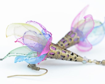 Rainbow Petals . organza one of a kind artisan fiber art earrings . Dancing in the air - designed handmade in the US by Marianna Mills