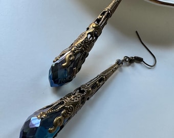 Blue Sparkly Crystal Glass Dangle Drop Artisan Earrings, Handmade in the U.S., Filigree Romantic Jewelry, Gift idea