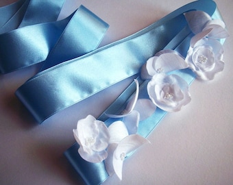 Something Blue Sash Belt, taffeta flowers and butterfly, Bridal belt, Wedding Accessory,  handmade and one of a kind by Marianna Mills