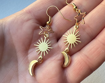 Solar Chandelier Earrings, Artisan Gold Sun Moon Jewelry, Lightweight Gold Earring, Brass Drop Earring, long earrings handmade in the US