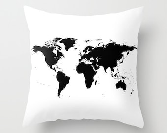 World Map Pillow, World Map Home Decor, Interior Design, Accent Piece, White Black Pillow, Dorm, Office Pillow, Chalkboard Black Map Pillow