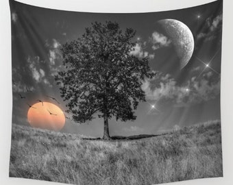 Night and Day Wall Art Tapestry, Tree Tapestry, Stars, Planets, Moon, Sunset, Dorm,Nature,Surreal Home Interior, Sunset Tapestry,Sun,Yoga