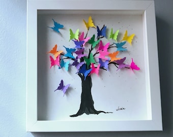 Rainbow Tree 5 - original mixed media 3D painting in a 9"x9" shadowbox