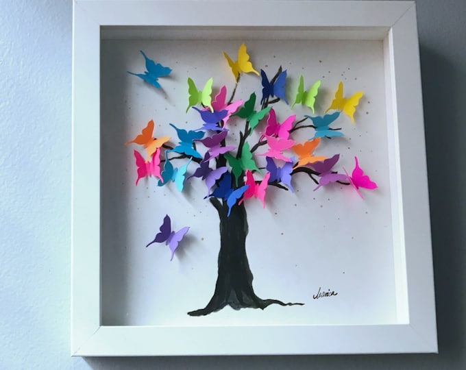 Featured listing image: Rainbow Tree 5 - original mixed media 3D painting in a 9"x9" shadowbox