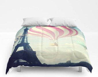 Hot Air Balloons Paris Comforter, Pink Bedding, Unique design, Eiffel Tower Comforter, Full, Queen, King, Retro, Vintage, Dorm, Romantic