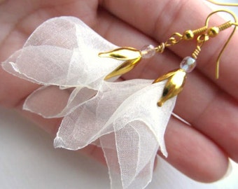 Handmade Fabric organza Petals earrings unique design by Marianna Mills, wedding, prom, spring, summer, bridal fashion fiber art
