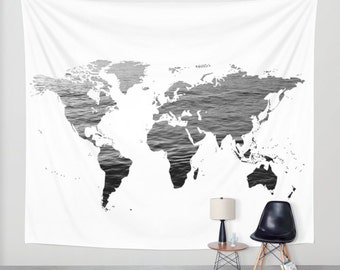 Sea Texture World Map Wall Tapestry, Map Large Size Wall Art, Modern, Dorm, Outdoor, Garden, Beach Hut Decor, Black White Tapestry, Office