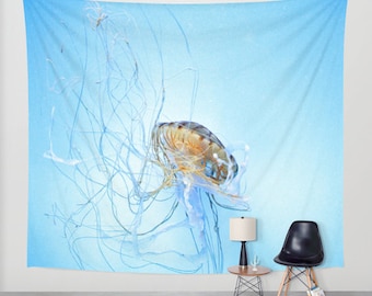 Aqua Blue Tapestry, Jellyfish Tapestry, Ocean Tapestry, Nautical, Dorm, office, Coastal Large Wall Decor, Surf,Photo Tapestry, Nature, Beach