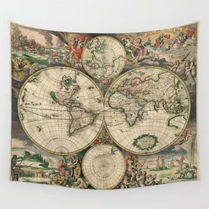 Old World Map Wall Tapestry, Vintage Map Large Size Wall Art, Modern, Dorm, Office Decor,Beach Hut Decor,Brown Tapestry,Vintage Map Tapestry