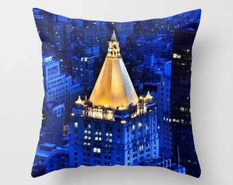 New York Life Building Throw Pillow, Gold Roof Decorative Pillow, Urban Cushion, Manhattan Pillow, Vibrant Blue, Navy, Royal, Dorm, Office