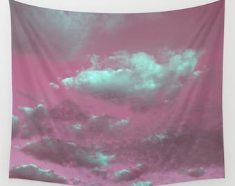 Pink Sky Wall Tapestry, Pink Sky Mint Clouds, modern home decor, nature, fine art, photography, dorm,office,inspirational,dreamy, Cloudy Sky