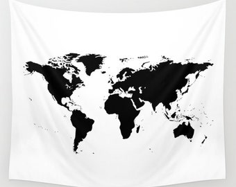 World Map Wall Tapestry, Map Large Size Wall Art, Modern Decor, Outdoor, Garden, Beach Hut Decor, Black White Tapestry, Office Decor, Dorm