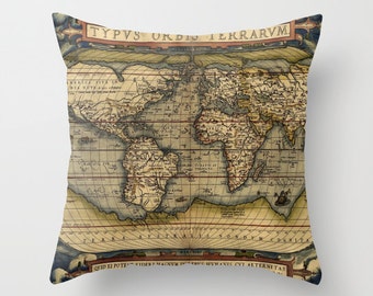 Antique World Map Throw Pillow, Vintage Map Pillow, Old World Map Decorative Pillow, Office Pillow, Office Decor, World Map, Dorm, Geography