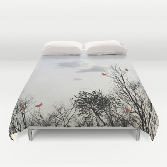 Red Cardinals Duvet Cover Decorative Bedding Trees Bedding Etsy