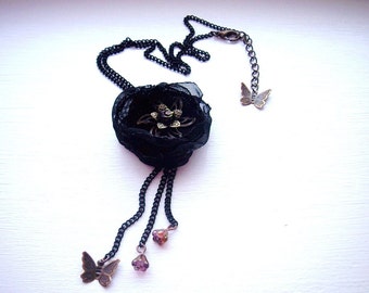 Noir Blossom - Fiber Art statement necklace - one of a kind handmade by Marianna Mills artist