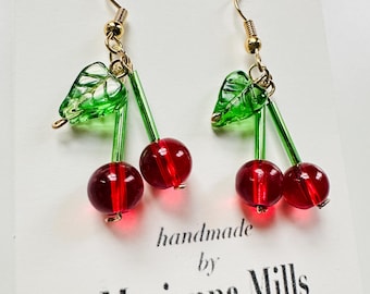 Cherry earrings, Artisan glass beads earrings, spring jewelry, red cherries earrings, fruit earrings, handmade in the U.S.