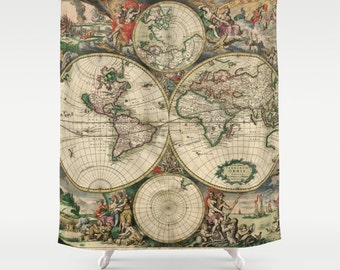 Old World Map Shower Curtain, Vintage World Map Shower Curtain, Bathroom, World Map Home Decor, Nautical Shower Curtain, Vintage Map Decor