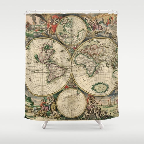 Old World Map Shower Curtain Vintage, Vintage Map Shower Curtain