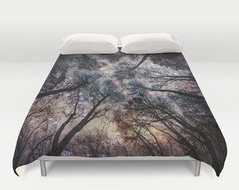Trees Duvet Cover, Decorative bedding, stars Bedding, night sky, black white bedding, nature, bedroom blanket, Starry Night Bedding, Drama