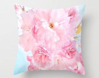 Throw Pillow, Soft Blue Sky with Pink Peonies, Decorative Pillow, Cover, Cushion, Wedding Gift, Flower Pillow, Whimsy, Dorm, Hotel, Office