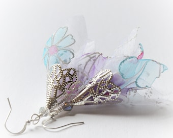 Silver Pastel Petals | Organza 0ne of a kind Artisan Fiber Art earrings | Dancing in the Air | Designed and handmade by Marianna Mills