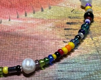 Boho Czech glass beads bracelet with freshwater pearls handmade and one of a kind