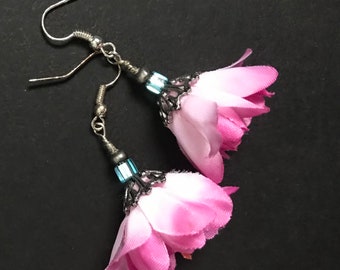 Pink Rose Artisan fabric flower petals earrings handmade by Marianna Mills Artist