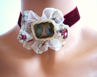 Girl and Unicorn - hand sculpted clay and fabric choker necklace