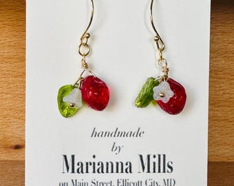 Czech glass strawberry blossom earrings, Artisan earrings, spring jewelry, tropical, red earrings, fruit earrings, handmade in the U.S.