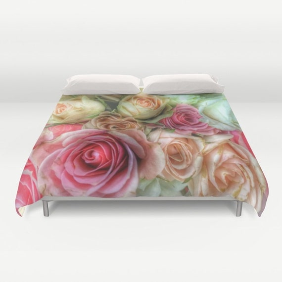 Roses Duvet Cover Pink Cream Bedding Flower Bedding Unique Etsy