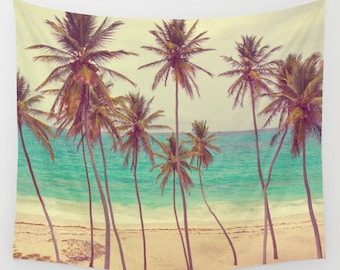 Tropical Beach Wall Tapestry, Palm Trees Large Size Wall Art, Fine Art Photography, Modern, Dorm, Nature, Ocean, Beach Hut Decor, Coastal