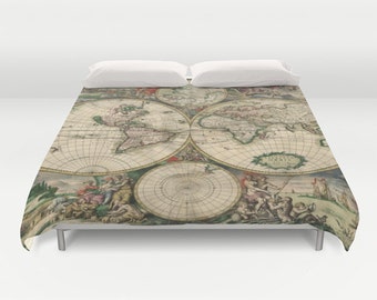 Old World Map Duvet Cover, Vintage World Map Bedding, Map Bedspread Cover, Decorative, Unique, Blanket Cover, Dorm Bedding, Guest Room