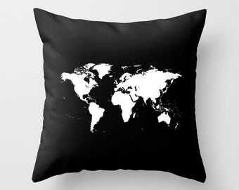 World Map Pillow Cover, World Map Home Decor, Interior Design, Accent Piece,  Black White Pillow, Office Pillow, Chalkboard Black Map, Dorm