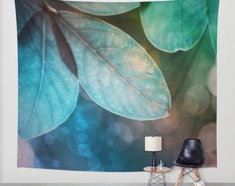 Leaves Wall Tapestry, Forest Wall Art, Green Blue Large, Tree Fine Art Photography, Nature, Wedding Gift, Outdoor, Garden, Teal, Dorm,Office